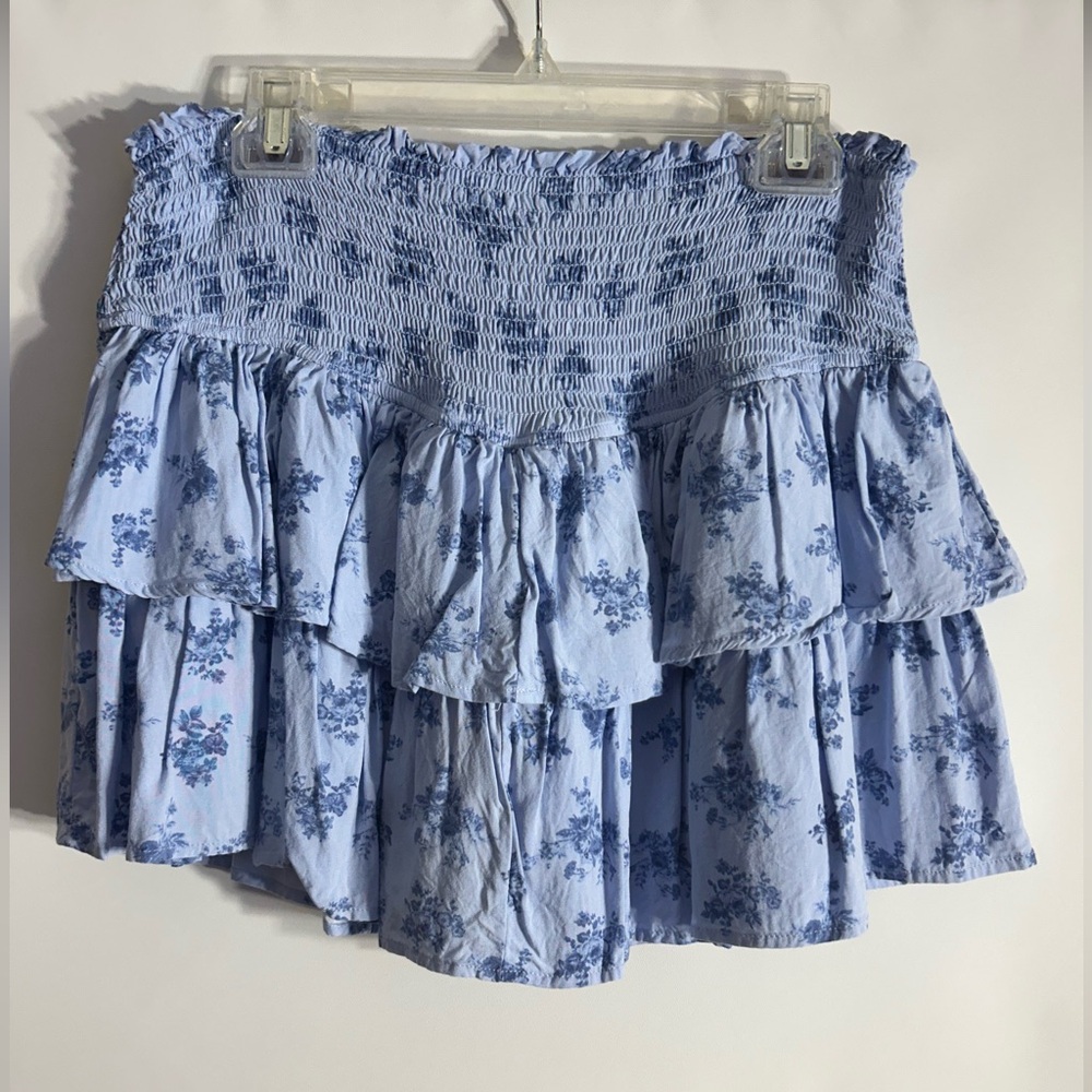 KINGSTON GREY BLUE FLORAL RUFFLE LAYERS ELASTIC WAIST WITH BUILT IN SHORTS SKIRT